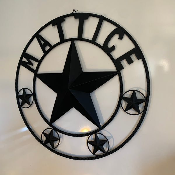 MATTICE STYLE BLACK STAR YOUR CUSTOM NAME BARN METAL STAR 3d TWISTED ROPE RING WESTERN HOME DECOR HANDMADE 24",32",36",50"