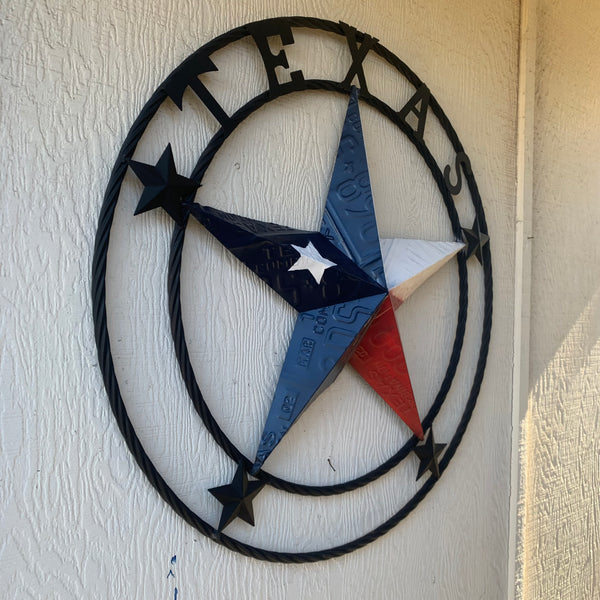 TEXAS LICENSE PLATE BARN STAR METAL LONE STAR TWISTED BLACK RING & LETTERS WESTERN HOME DECOR HANDMADE NEW