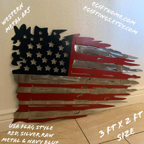 USA TATTERED AMERICAN FLAG METAL WALL ART WESTERN HOME DECOR HANDMADE NEW