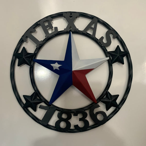 TEXAS FLAG STAR RED WHT BLUE STAR & BLACK RING METAL BARN LONE STAR WESTERN HOME DECOR HANDMADE NEW 12",18",24",36",50"