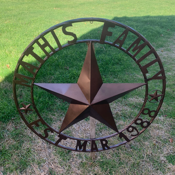 MATHIS STYLE CUSTOM NAME STAR BARN STAR 3d METAL LONESTAR TWISTED ROPE RING WESTERN HOME DECOR RUSTIC BRONZE COPPER HANDMADE 24",32",36",50"