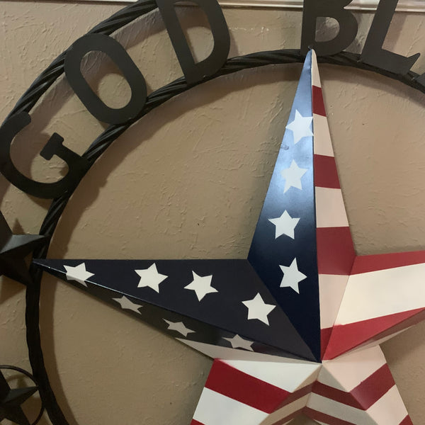 GOD BLESS AMERICA USA FLAG 3d STAR METAL BARN STAR LONE STAR TWISTED ROPE RING WALL ART WESTERN HOME DECOR RED WHITE & BLUE HANDMADE NEW #EH10490