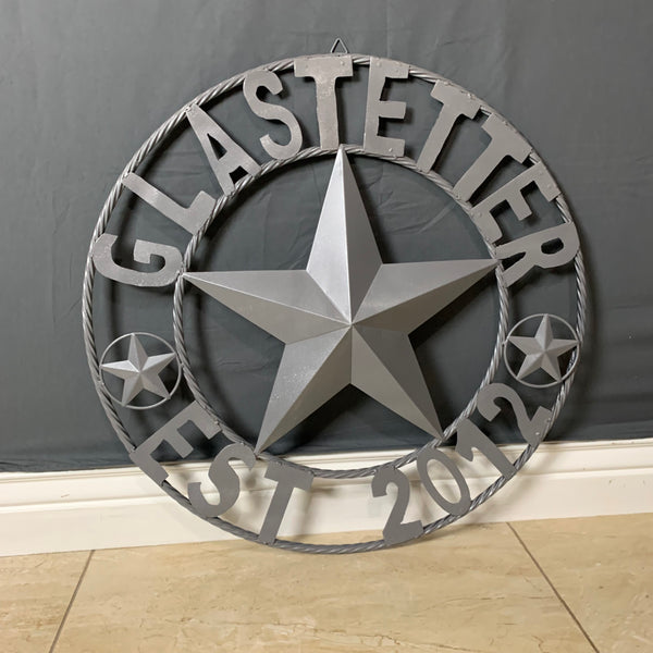 GLASTETTER STYLE YOUR CUSTOM NAME BARN STAR 3d METAL LONE STAR TWISTED ROPE RING WESTERN HOME DECOR RUSTIC GREY HANDMADE 24",32",36",50"