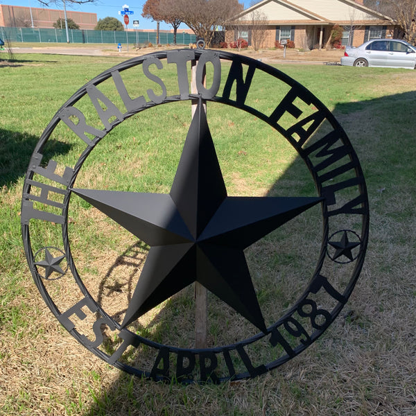 RALSTON FAMILY STYLE CUSTOM NAME STAR BARN METAL STAR 3d TWISTED ROPE RING WESTERN HOME DECOR RUSTIC BLACK HANDMADE 24",32",36",50"