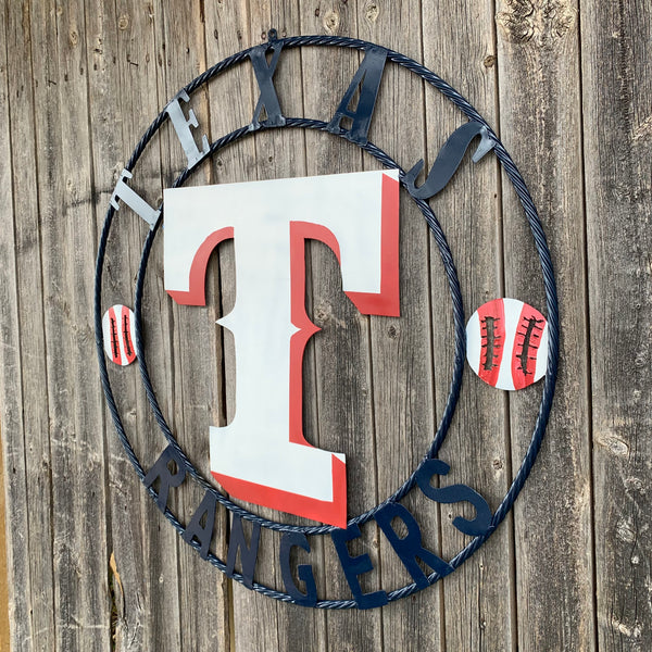 TEXAS RANGERS CUSTOM METAL VINTAGE CRAFT TEAM SIGN WHITE & RED & NAVY BLUE RING HANDMADE