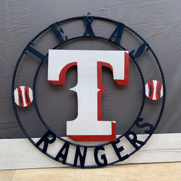 TEXAS RANGERS CUSTOM METAL VINTAGE CRAFT TEAM SIGN WHITE & RED & NAVY BLUE RING HANDMADE