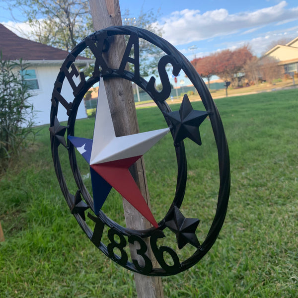 TEXAS FLAG STAR RED WHT BLUE STAR & BLACK RING METAL BARN LONE STAR WESTERN HOME DECOR HANDMADE NEW 12",18",24",36",50"