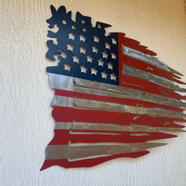 USA TATTERED AMERICAN FLAG METAL WALL ART WESTERN HOME DECOR HANDMADE NEW