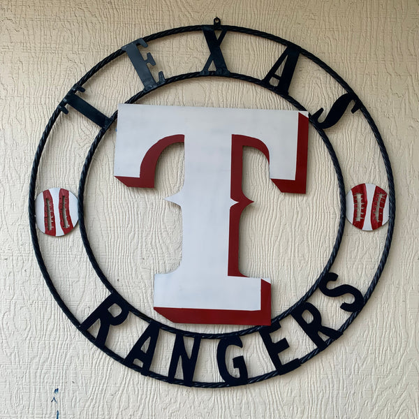 TEXAS RANGERS CUSTOM METAL VINTAGE CRAFT TEAM SIGN WHITE & RED & NAVY BLUE RING HANDMADE