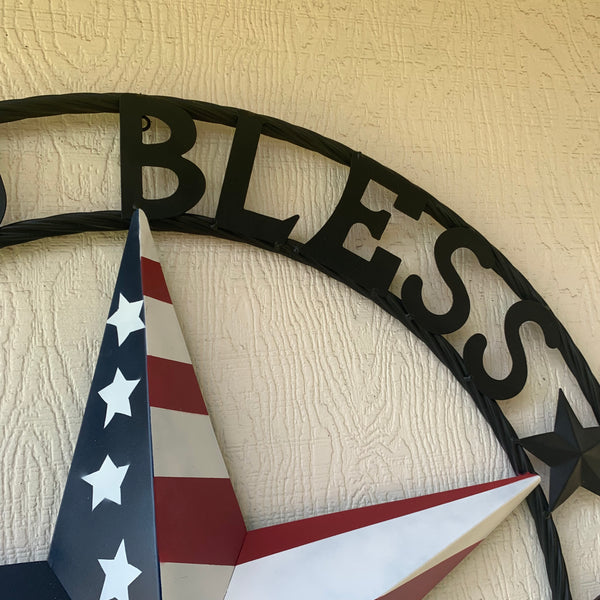 GOD BLESS AMERICA USA FLAG 3d STAR METAL BARN STAR LONE STAR TWISTED ROPE RING WALL ART WESTERN HOME DECOR RED WHITE & BLUE HANDMADE NEW #EH10490