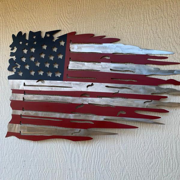 USA TATTERED AMERICAN FLAG METAL WALL ART WESTERN HOME DECOR HANDMADE NEW