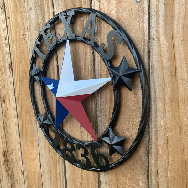 TEXAS FLAG STAR RED WHT BLUE STAR & BLACK RING METAL BARN LONE STAR WESTERN HOME DECOR HANDMADE NEW 12",18",24",36",50"