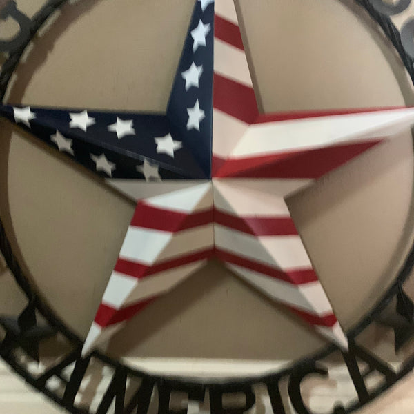 GOD BLESS AMERICA USA FLAG 3d STAR METAL BARN STAR LONE STAR TWISTED ROPE RING WALL ART WESTERN HOME DECOR RED WHITE & BLUE HANDMADE NEW #EH10490