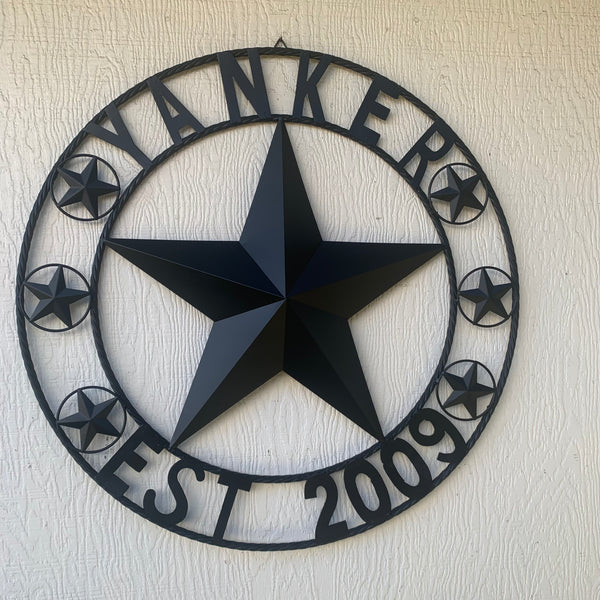 YANKER STYLE CUSTOM NAME STAR BARN METAL STAR 3d TWISTED ROPE RING WESTERN HOME DECOR RUSTIC BLACK HANDMADE 24",32",36",50"