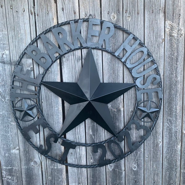 BARKER STYLE CUSTOM NAME STAR BARN METAL STAR 3d TWISTED ROPE RING LONESTAR WESTERN HOME DECOR RUSTIC BLACK HANDMADE 24",32",36",50"