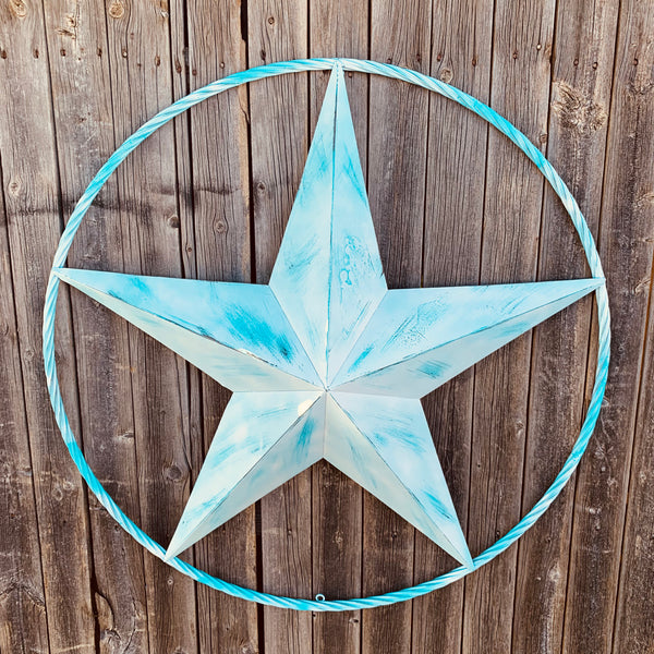 #EH11219 TURQUOISE WHITE DISTRESSED STAR TWO TONE TEXTURE BARN STAR METAL LONESTAR TWISTED ROPE RING WESTERN HOME DECOR HANDMADE NEW