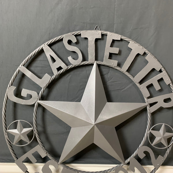 GLASTETTER STYLE YOUR CUSTOM NAME BARN STAR 3d METAL LONE STAR TWISTED ROPE RING WESTERN HOME DECOR RUSTIC GREY HANDMADE 24",32",36",50"