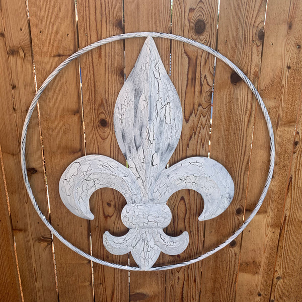 24",36" FLEUR DE LIS METAL CRACKLE WHITE WESTERN HOME DECOR HANDMADE WALL ART NEW