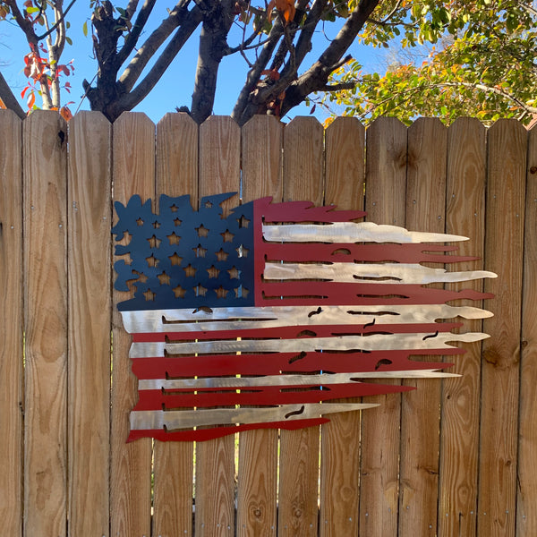 USA TATTERED AMERICAN FLAG METAL WALL ART WESTERN HOME DECOR HANDMADE NEW