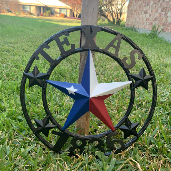 TEXAS FLAG STAR RED WHT BLUE STAR & BLACK RING METAL BARN LONE STAR WESTERN HOME DECOR HANDMADE NEW 12",18",24",36",50"