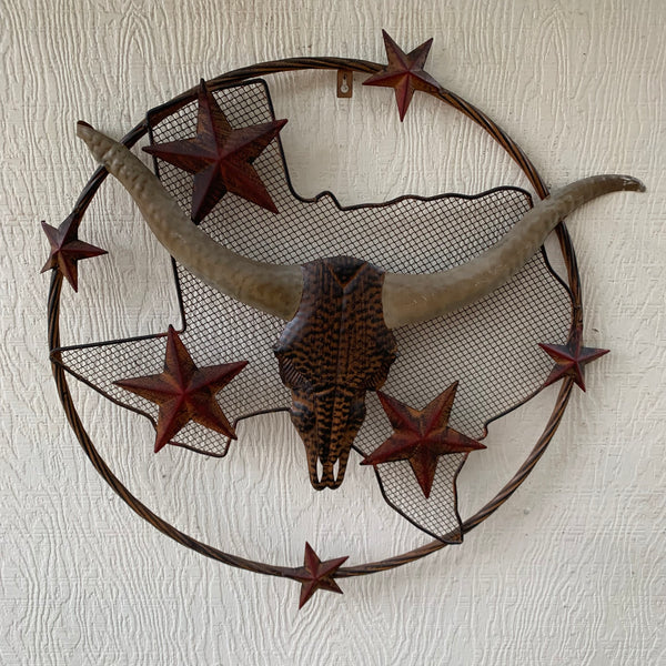 24" LONGHORNS & STARS METAL WALL ART SCULPTURE WESTERN HOME DECOR HANDMADE NEW