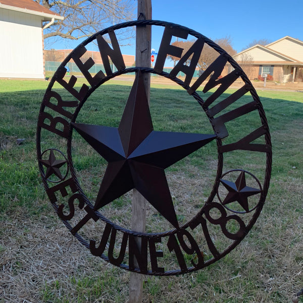 BREEN FAMILY STYLE CUSTOM NAME STAR BARN METAL STAR 3d TWISTED ROPE RING WESTERN HOME DECOR RUSTIC BROWN HANDMADE 24",32",36",50"