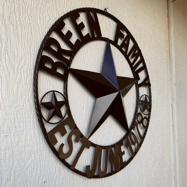 BREEN FAMILY STYLE CUSTOM NAME STAR BARN METAL STAR 3d TWISTED ROPE RING WESTERN HOME DECOR RUSTIC BROWN HANDMADE 24",32",36",50"