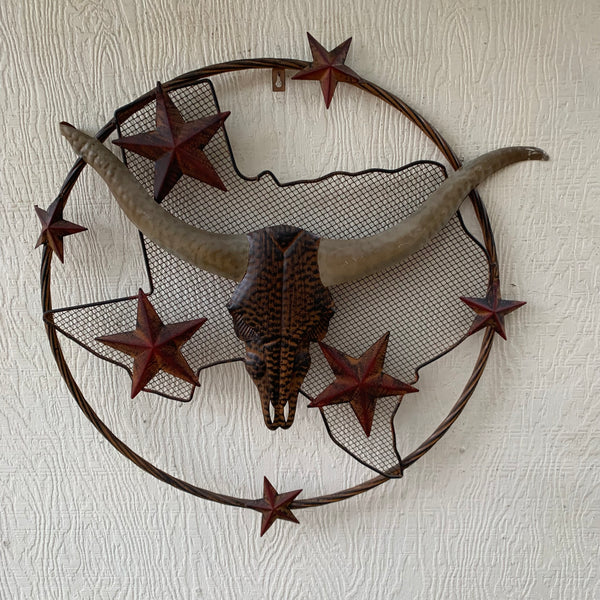 24" LONGHORNS & STARS METAL WALL ART SCULPTURE WESTERN HOME DECOR HANDMADE NEW