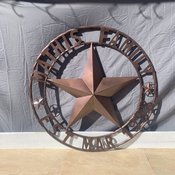 MATHIS STYLE CUSTOM NAME STAR BARN STAR 3d METAL LONESTAR TWISTED ROPE RING WESTERN HOME DECOR RUSTIC BRONZE COPPER HANDMADE 24",32",36",50"