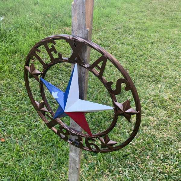 TEXAS FLAG STAR RED WHT BLUE STAR & BRONZE COPPER RING 1836 TEXAS METAL BARN LONE STAR WESTERN HOME DECOR HANDMADE NEW 12",18",24",32",36",50"