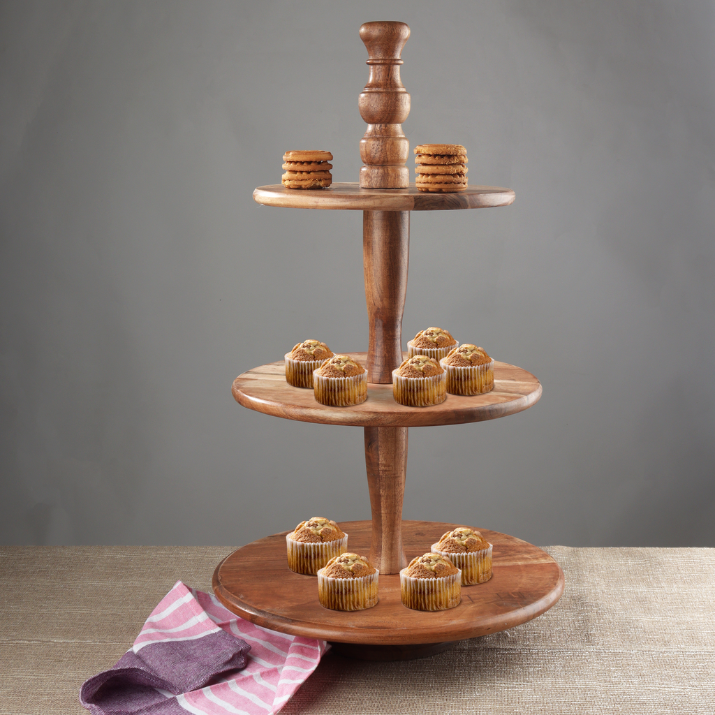 #IH_71476 CLASSIC ACACIA WOOD 3-TIER DESSERT STAND WESTERN HOME DECOR HANDMADE BRAND NEW