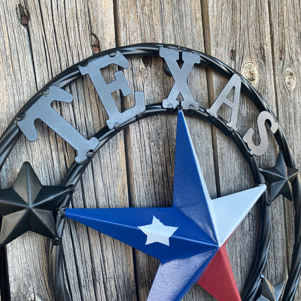 TEXAS FLAG STAR RED WHT BLUE STAR & BLACK RING METAL BARN LONE STAR WESTERN HOME DECOR HANDMADE NEW 12",18",24",36",50"