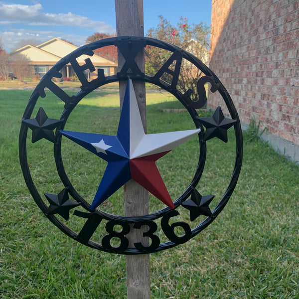 TEXAS FLAG STAR RED WHT BLUE STAR & BLACK RING METAL BARN LONE STAR WESTERN HOME DECOR HANDMADE NEW 12",18",24",36",50"