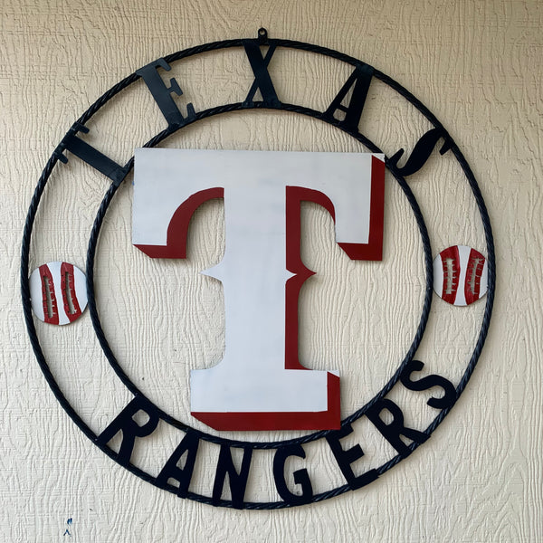 TEXAS RANGERS CUSTOM METAL VINTAGE CRAFT TEAM SIGN WHITE & RED & NAVY BLUE RING HANDMADE