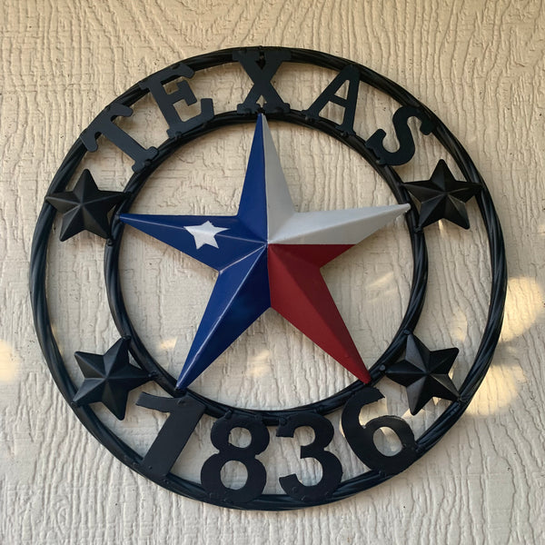 TEXAS FLAG STAR RED WHT BLUE STAR & BLACK RING METAL BARN LONE STAR WESTERN HOME DECOR HANDMADE NEW 12",18",24",36",50"