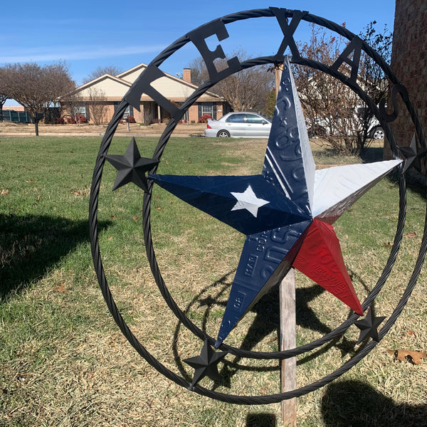 TEXAS LICENSE PLATE BARN STAR METAL LONE STAR TWISTED BLACK RING & LETTERS WESTERN HOME DECOR HANDMADE NEW