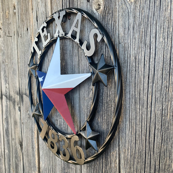 TEXAS FLAG STAR RED WHT BLUE STAR & BLACK RING METAL BARN LONE STAR WESTERN HOME DECOR HANDMADE NEW 12",18",24",36",50"