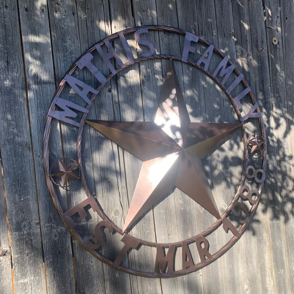 MATHIS STYLE CUSTOM NAME STAR BARN STAR 3d METAL LONESTAR TWISTED ROPE RING WESTERN HOME DECOR RUSTIC BRONZE COPPER HANDMADE 24",32",36",50"