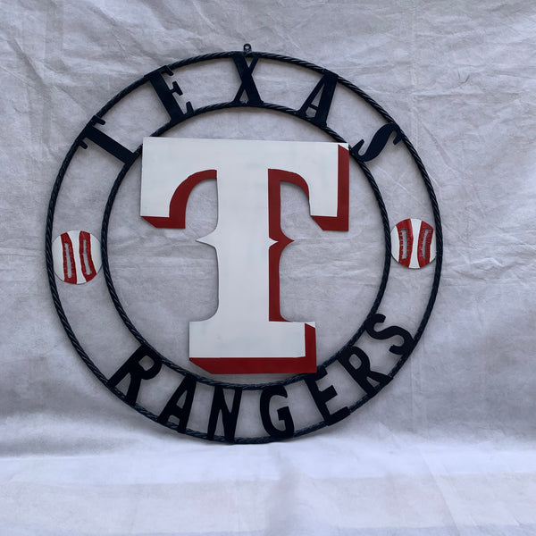 TEXAS RANGERS CUSTOM METAL VINTAGE CRAFT TEAM SIGN WHITE & RED & NAVY BLUE RING HANDMADE