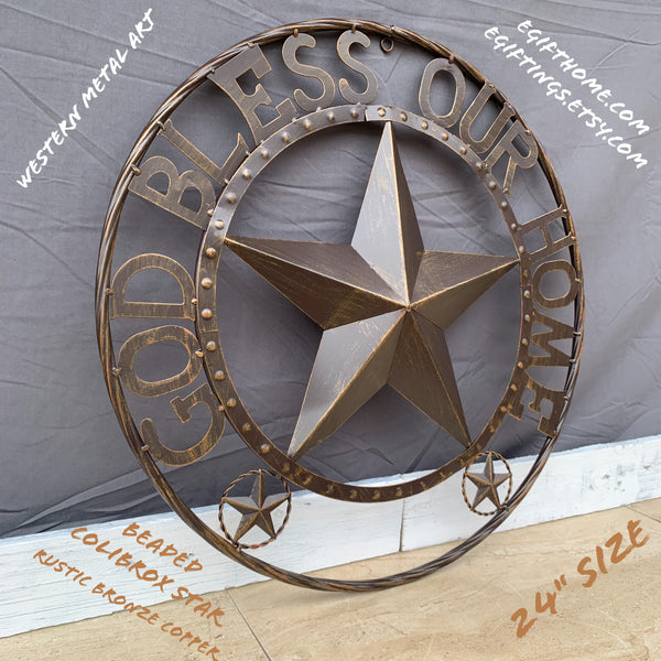 24" GOD BLESS OUR HOME BEADED STAR COLIBROX METAL TWISTED ROPE RING LONE STAR WALL ART WESTERN HOME DECOR RUSTIC DARK BRONZE COPPER HANDMADE NEW