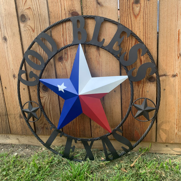 GOD BLESS TEXAS RED WHITE BLUE BARN METAL STAR BRONZE TWISTED ROPE RING WALL ART WESTERN HOME DECOR HANDMADE