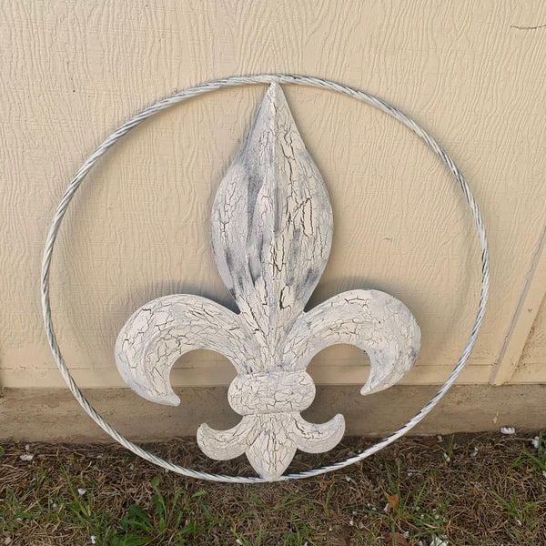 24",36" FLEUR DE LIS METAL CRACKLE WHITE WESTERN HOME DECOR HANDMADE WALL ART NEW