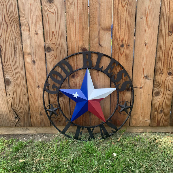 GOD BLESS TEXAS RED WHITE BLUE BARN METAL STAR BRONZE TWISTED ROPE RING WALL ART WESTERN HOME DECOR HANDMADE