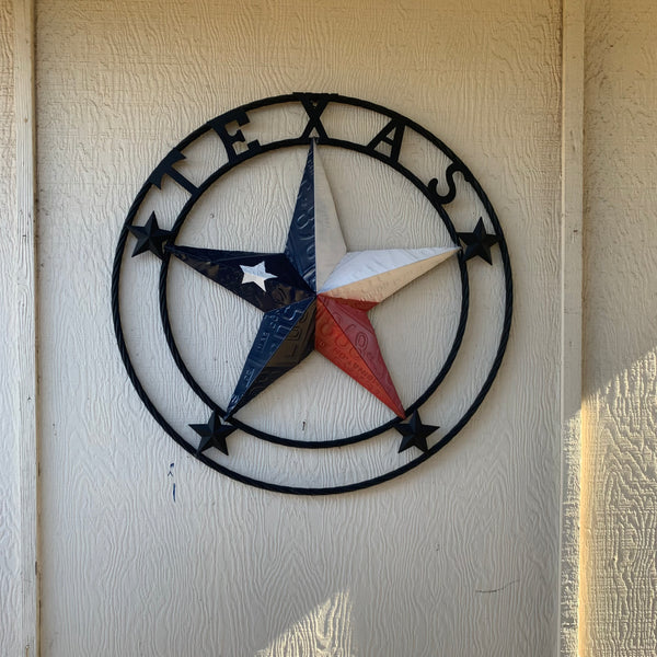 TEXAS LICENSE PLATE BARN STAR METAL LONE STAR TWISTED BLACK RING & LETTERS WESTERN HOME DECOR HANDMADE NEW