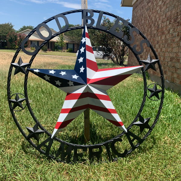 GOD BLESS AMERICA USA FLAG 3d STAR METAL BARN STAR LONE STAR TWISTED ROPE RING WALL ART WESTERN HOME DECOR RED WHITE & BLUE HANDMADE NEW #EH10490