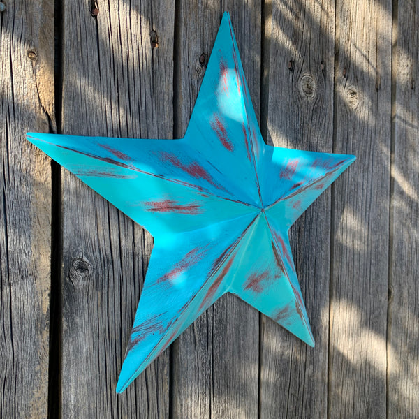 TURQUOISE DISTRESSED TWO TONE BARN STAR METAL ART WESTERN HOME DECOR HANDMADE NEW