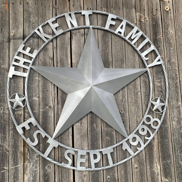 KENT STYLE CUSTOM STAR NAME BARN METAL STAR 3d TWISTED ROPE RING WESTERN HOME DECOR RUSTIC GREY SILVER HANDMADE 24",32",36",50"