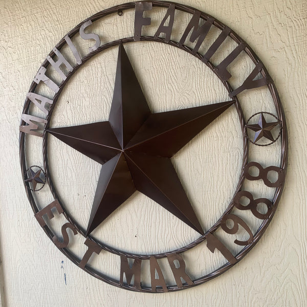 MATHIS STYLE CUSTOM STAR NAME BARN STAR METAL 3d STAR TWISTED ROPE RING WESTERN HOME DECOR RUSTIC BRONZE HANDMADE 24",32",36",50"