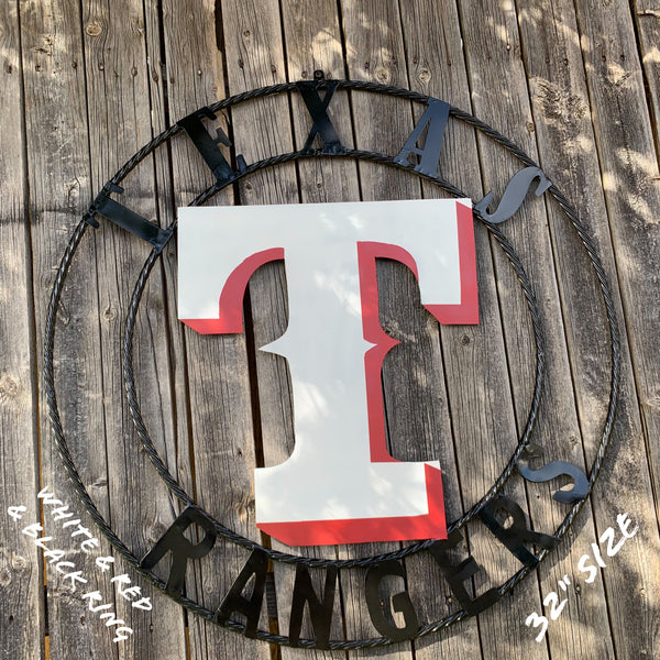 TEXAS RANGERS CUSTOM METAL VINTAGE CRAFT TEAM SIGN WHITE & RED WITH BLACK RING HANDMADE