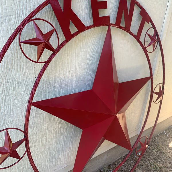 KENT STYLE YOUR CUSTOM STAR METAL NAME RUSTIC BURGUNDY RED CUSTOM 3d STAR METAL NAME BARN STAR TWISTED ROPE RING DESIGN METAL WALL ART HOME DECOR ANY SIZE